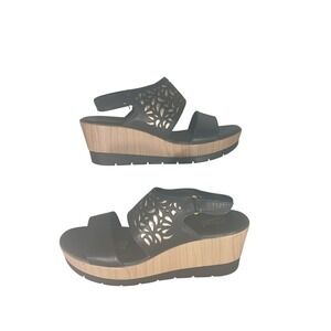 Flexi Wedge Sandals 9.5 Black Leather Laser Cut Floral Wood Grain Platform Boho